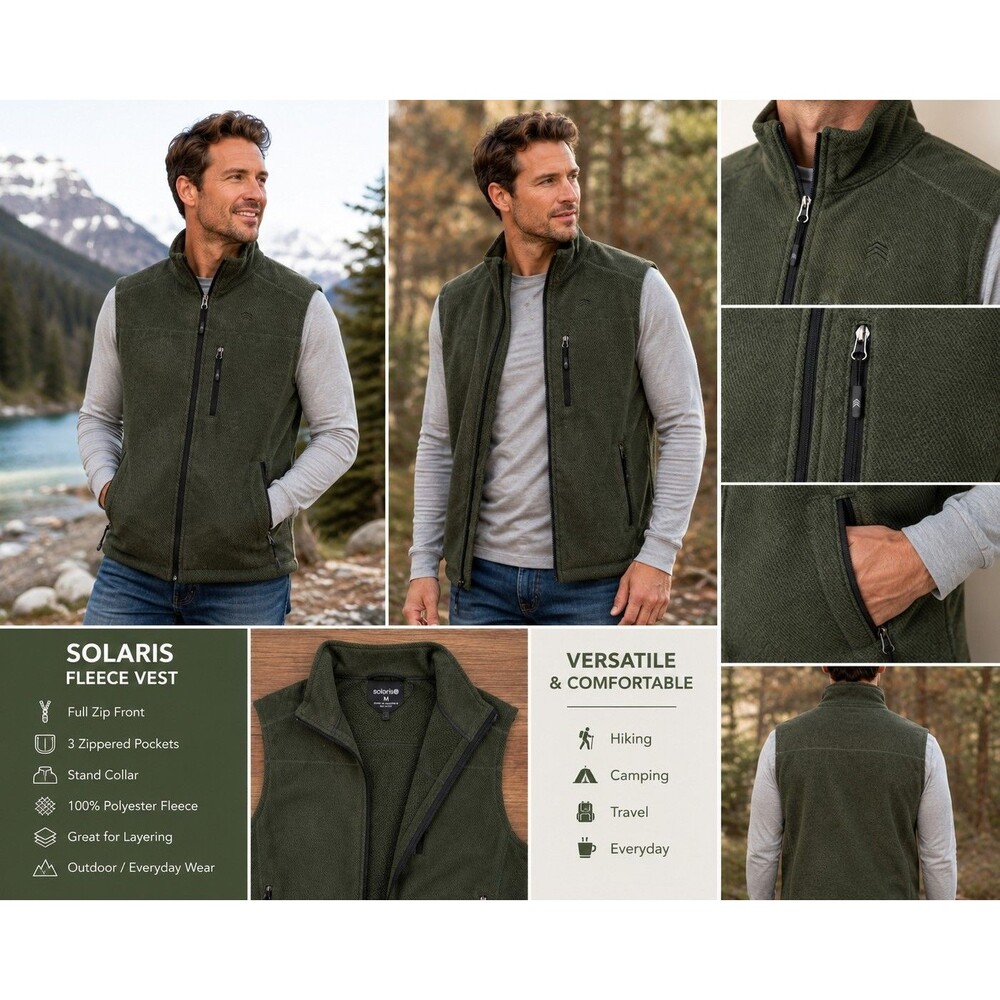 Solaris Sweater Knit Fleece Full Zip Vest Olive Green Gorpcore Utility Men M